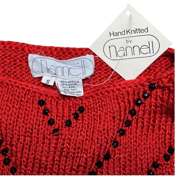 Nannell Beaded Sweater Red Black Vintage 80’s Hand-knit Rayon Blend Size Small - Picture 7 of 10